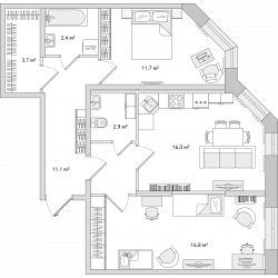 Двухкомнатная квартира 64 м²